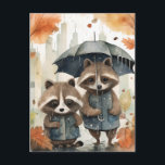 Cute Raccoons in the Rain Postcard<br><div class="desc">Cute Raccoons in the Rain holding an umbrella</div>