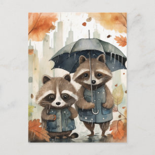 Cute Raccoons in the Rain Postcard