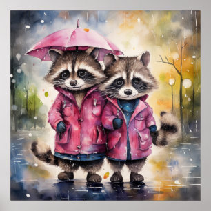 Cute Raccoons in the Rain Poster