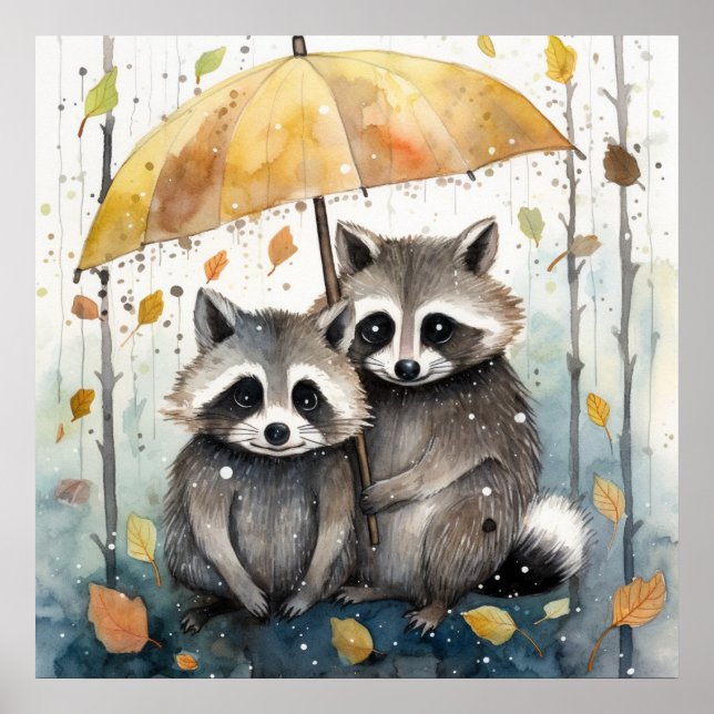 Cute Raccoons in the Rain Poster (Front)
