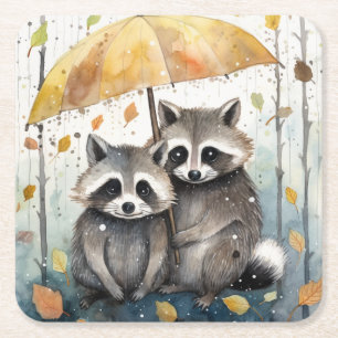 Cute Raccoons in the Rain Square Paper Coaster