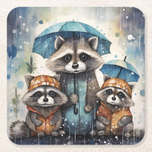 Cute Raccoons in the Rain Square Paper Coaster