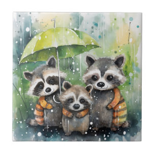 Cute Raccoons in the Rain Tile