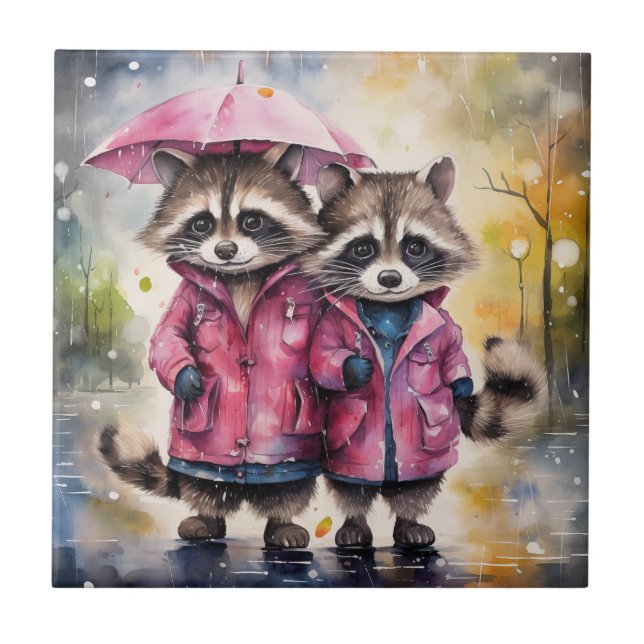 Cute Raccoons in the Rain Tile (Front)