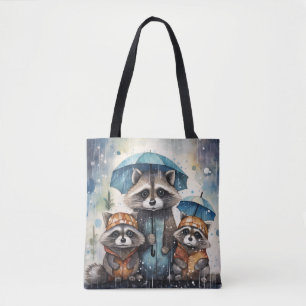 Cute Raccoons in the Rain Tote Bag