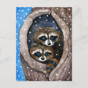 Cute raccoons snow Christmas  postcard