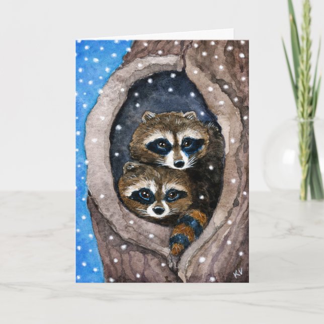 Cute Raccoons snow Christmas winter card (Front)