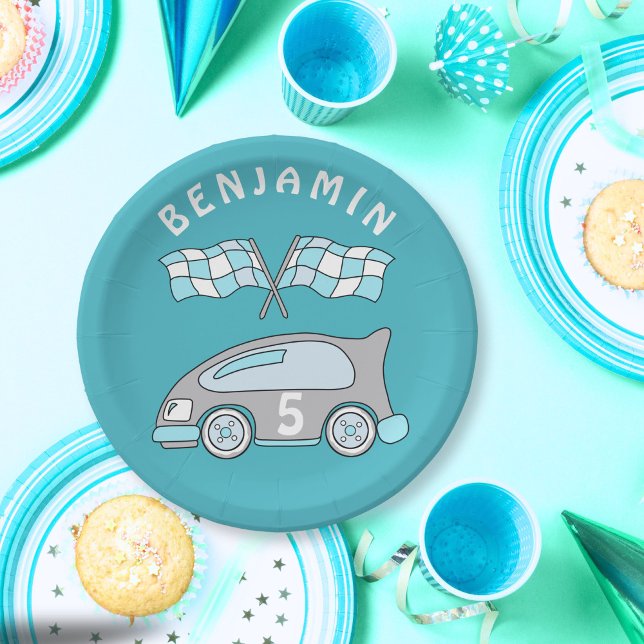 Cute Race Car Blue Name Age Boy Birthday Party Paper Plate (Creator Uploaded)