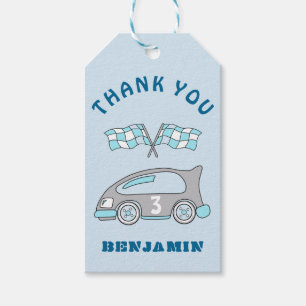 Cute Race Car Flags Blue Boy Birthday Thank you Gift Tags