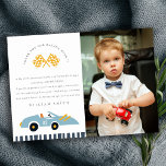 Cute Race Car Kids Blue Photo Any Age Birthday Thank You Card<br><div class="desc">A Cute Boys Racing Car Theme Birthday Collection.- it's an Elegant Simple Minimal cute Illustration of racing car with chequered flag,  perfect for your little ones birthday party. It’s very easy to customise,  with your personal details. 
If you need any other matching product or customisation,  kindly message via Zazzle.</div>