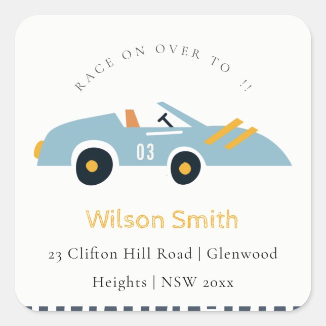 Cute Race On Over To Blue Racing Car Kids Address Square Sticker (Front)