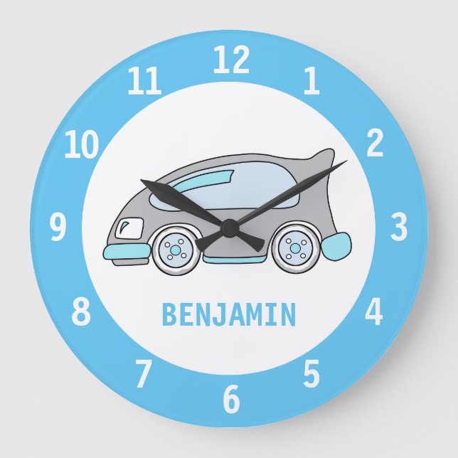 Cute Racing Car Wall Clock for Boy with Name (Front)
