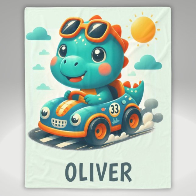 Cute Racing Dinosaur in a Car Fleece Blanket (Creator Uploaded)