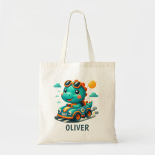 Cute Racing Trex Dinosaur and Race Car  Tote Bag