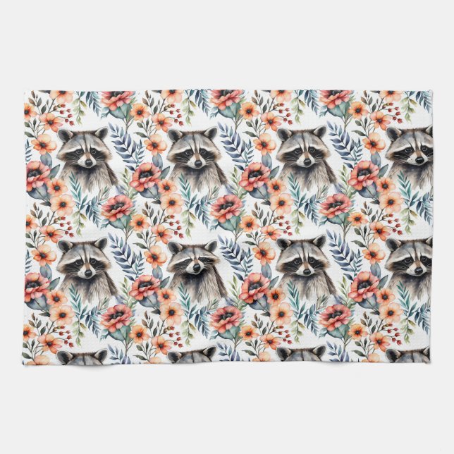 Cute racoon among flowers  pattern  tea towel (Horizontal)