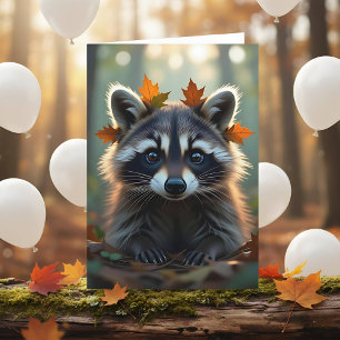 Cute Racoon and Fall Leaves Birthday Card