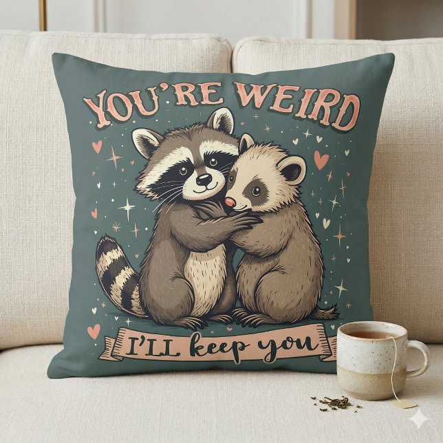 Cute Racoon and Ferret Hug with Funny Quote Cushion (Cute Raccoon and Ferret Hug with Funny Quote Throw Pillow Mockup A)