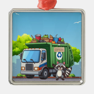 Cute racoon and "food" truck metal tree decoration