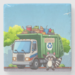 Cute racoon and "food" truck stone coaster