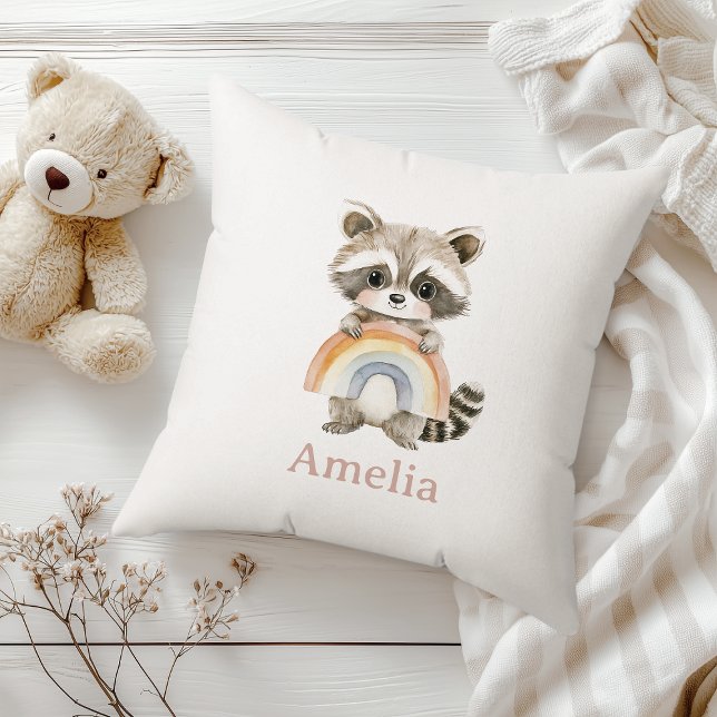 Cute Racoon And Rainbow Baby Name Nursery Cushion (Creator Uploaded)