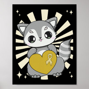Cute Racoon And Ribbon Heart For Childhood Cancer Poster