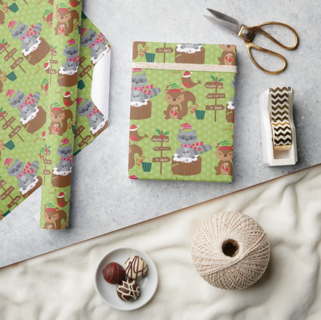 Cute Racoon and Squirrel with Snowflakes Wrapping Paper (Crafts)