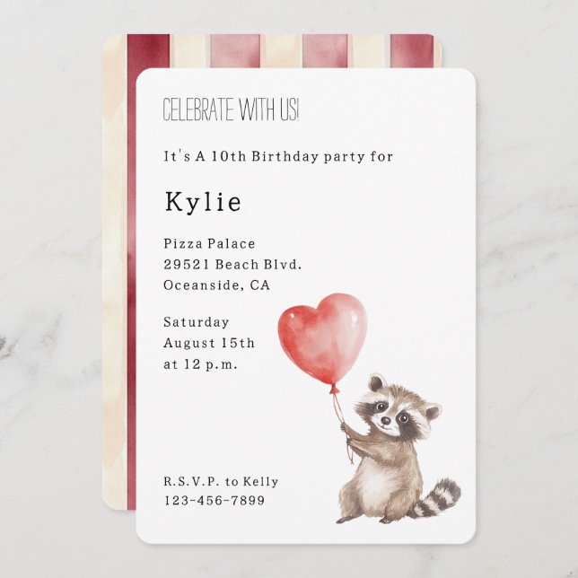 Cute Racoon Animal Heart Balloon Birthday   Invitation (Front/Back)