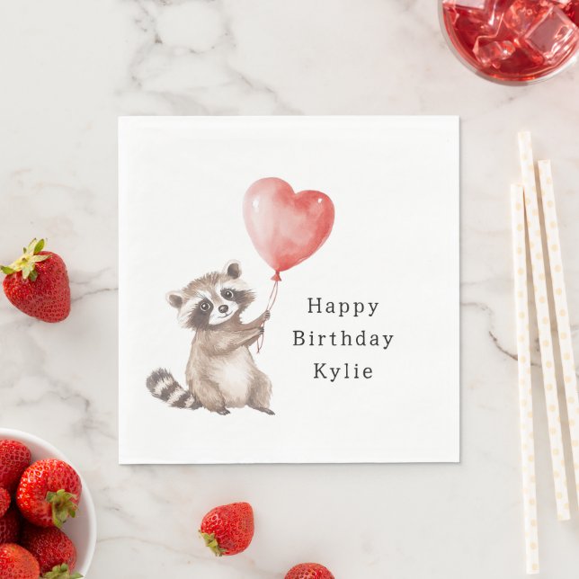 Cute Racoon Animal Heart Balloon Birthday Napkin (Insitu)
