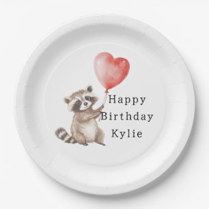 Cute Racoon Animal Heart Balloon Birthday Paper Plate