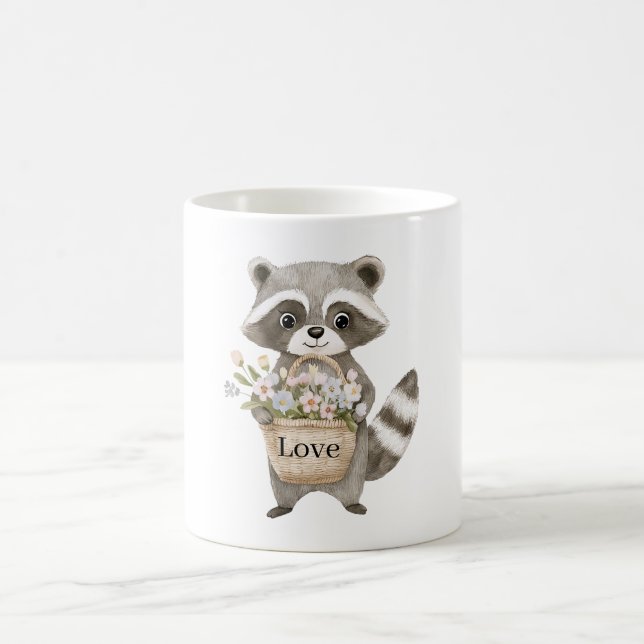 Cute Racoon Basket Flowers Coffee Mug (Center)