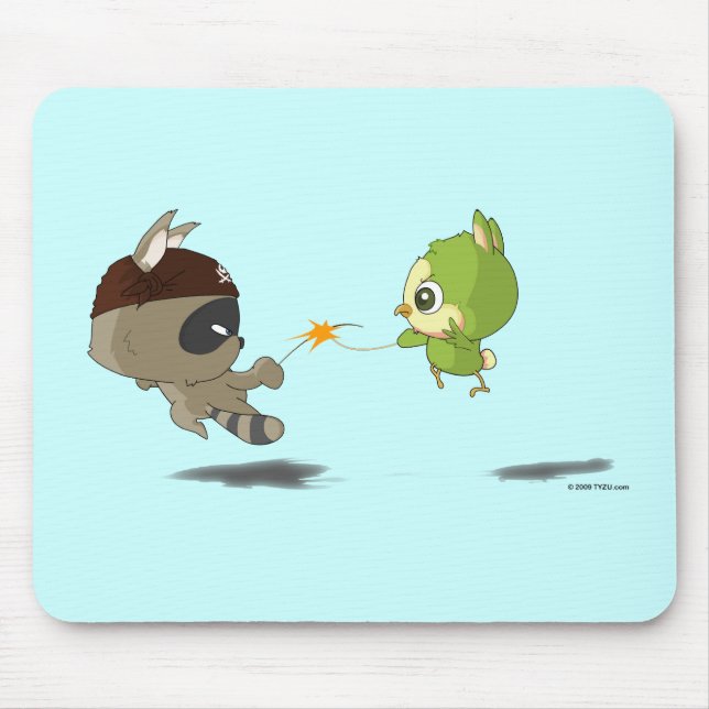 Cute Racoon Bird Fencing Cartoon Anime Mousepad (Front)