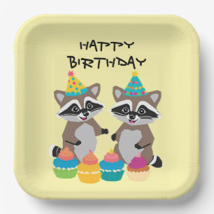 Cute racoon birthday party light yellow paper plate