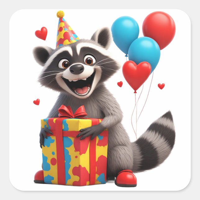 🦝 Cute Racoon Birthday Party With Gift Square Sticker (Front)