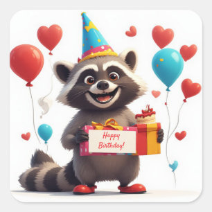 Cute Racoon Birthday With Gift And Sign 🦝 Square Sticker