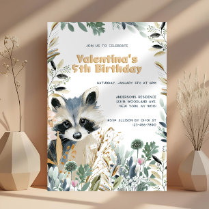 Cute Racoon Birthday Woodland Watercolor Nature Invitation