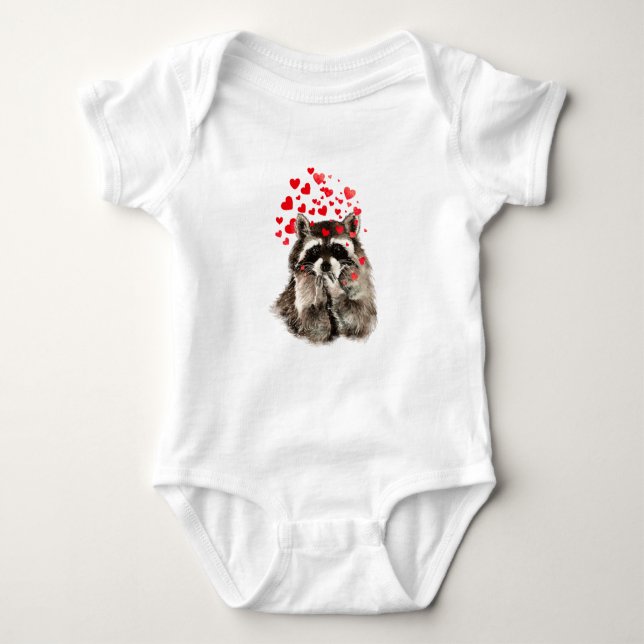 Cute Racoon Blowing Kisses Love Hearts Baby Bodysuit (Front)