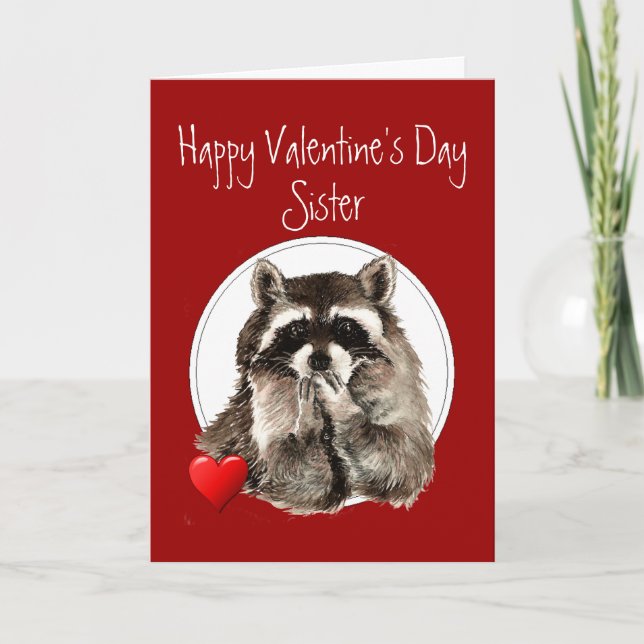 Cute Racoon Blowing Kisses Sister Valentine Holiday Card (Front)