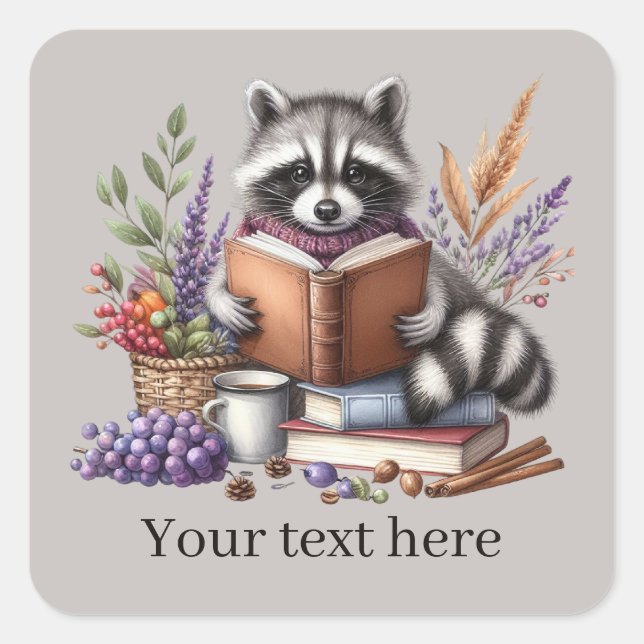 Cute racoon book lovers add text  square sticker (Front)