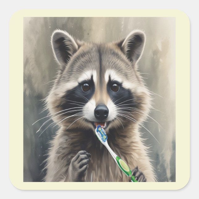 Cute Racoon Brushing Teeth Fun Animal Dentist Square Sticker (Front)