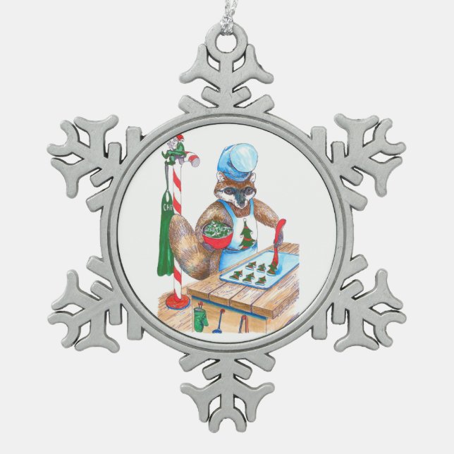 Cute Racoon Chef Baking for Christmas Holidays Snowflake Pewter Christmas Ornament (Front)