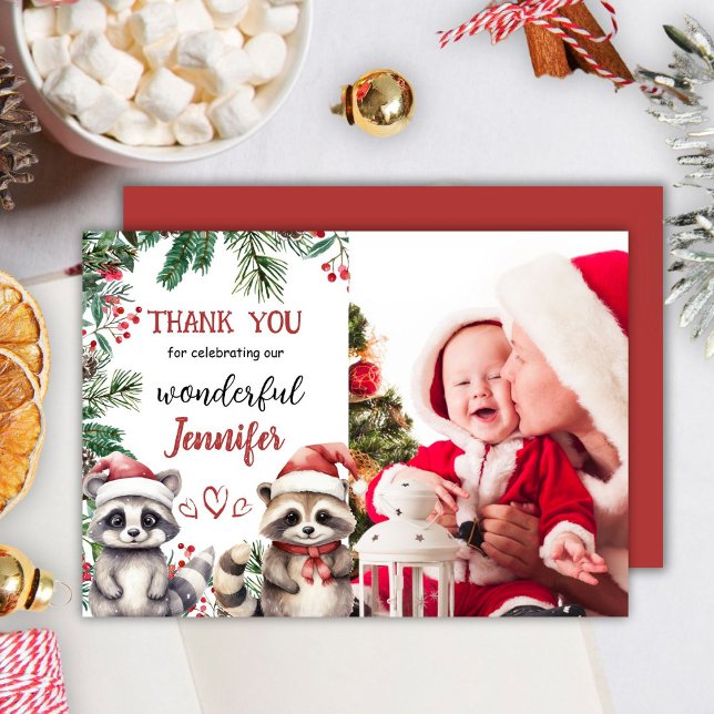 Cute Racoon Christmas 2nd Birthday Thank You Card (Creator Uploaded)