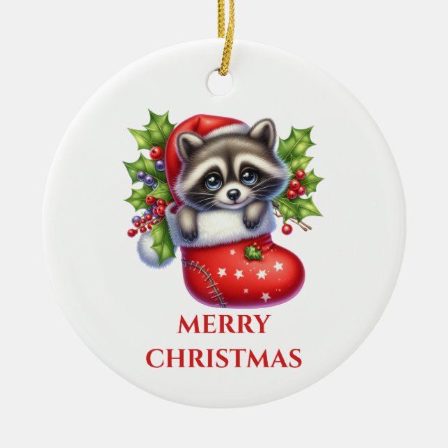 Cute Racoon Christmas Ceramic Tree Decoration (Front)