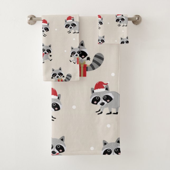 Cute Racoon Christmas Pattern Bath Towel Set (Insitu)