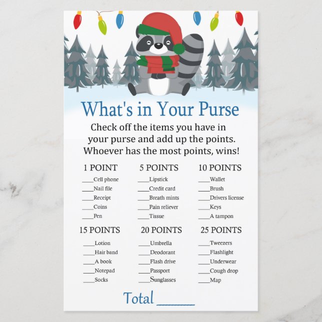 Cute Racoon Christmas What's in your purse game (Front)