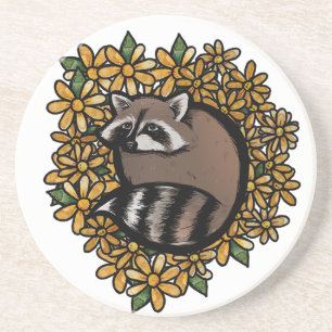 Cute Racoon Daisy Flower Art               raccoo Coaster