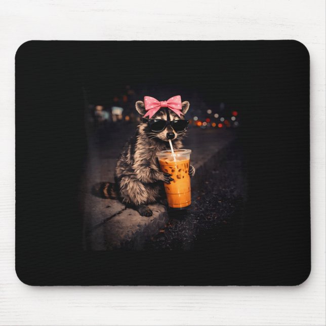 Cute racoon drinking iced coffee funny racoon mouse pad (Front)