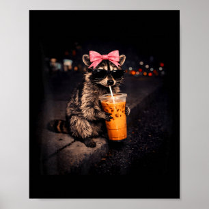 Cute racoon drinking iced coffee funny racoon poster