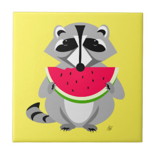Cute racoon Eating Watermelon Tile