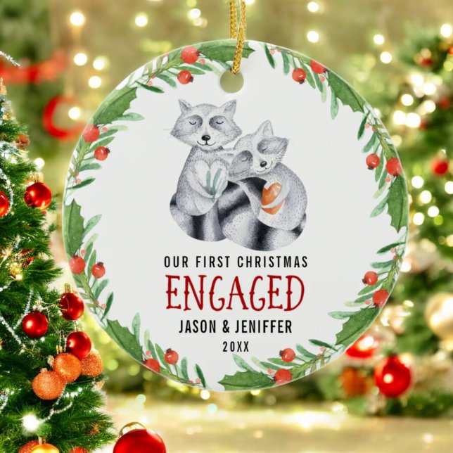 Cute Racoon First Christmas Engaged Couple Ceramic Tree Decoration (Creator Uploaded)