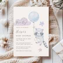 Cute Racoon Flying Balloon Boy Baby Shower